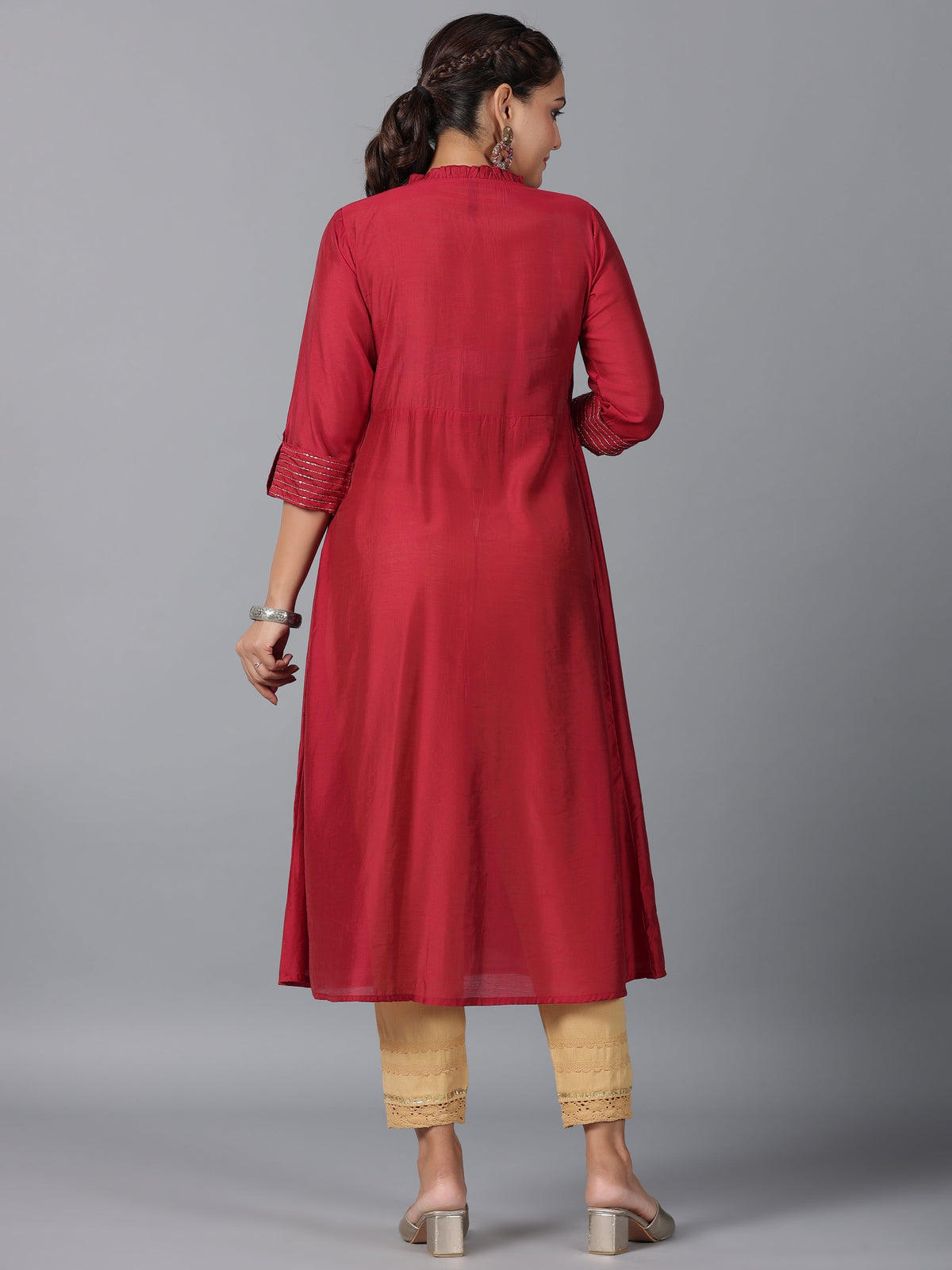 Juniper Women Maroon Chanderi Embroidered Jacket Style Kurta Dress | Grocsy