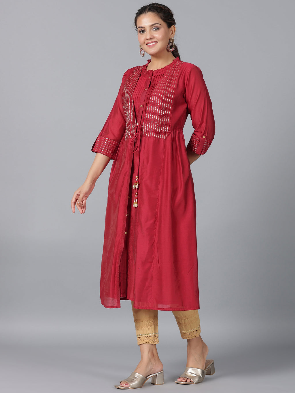 Juniper Women Maroon Chanderi Embroidered Jacket Style Kurta Dress | Grocsy