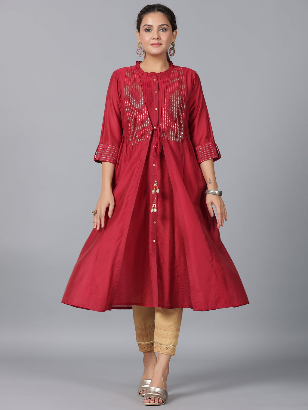 Juniper Women Maroon Chanderi Embroidered Jacket Style Kurta Dress | Grocsy