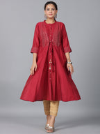 Juniper Women Maroon Chanderi Embroidered Jacket Style Kurta Dress | Grocsy