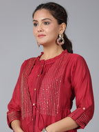 Juniper Women Maroon Chanderi Embroidered Jacket Style Kurta Dress | Grocsy
