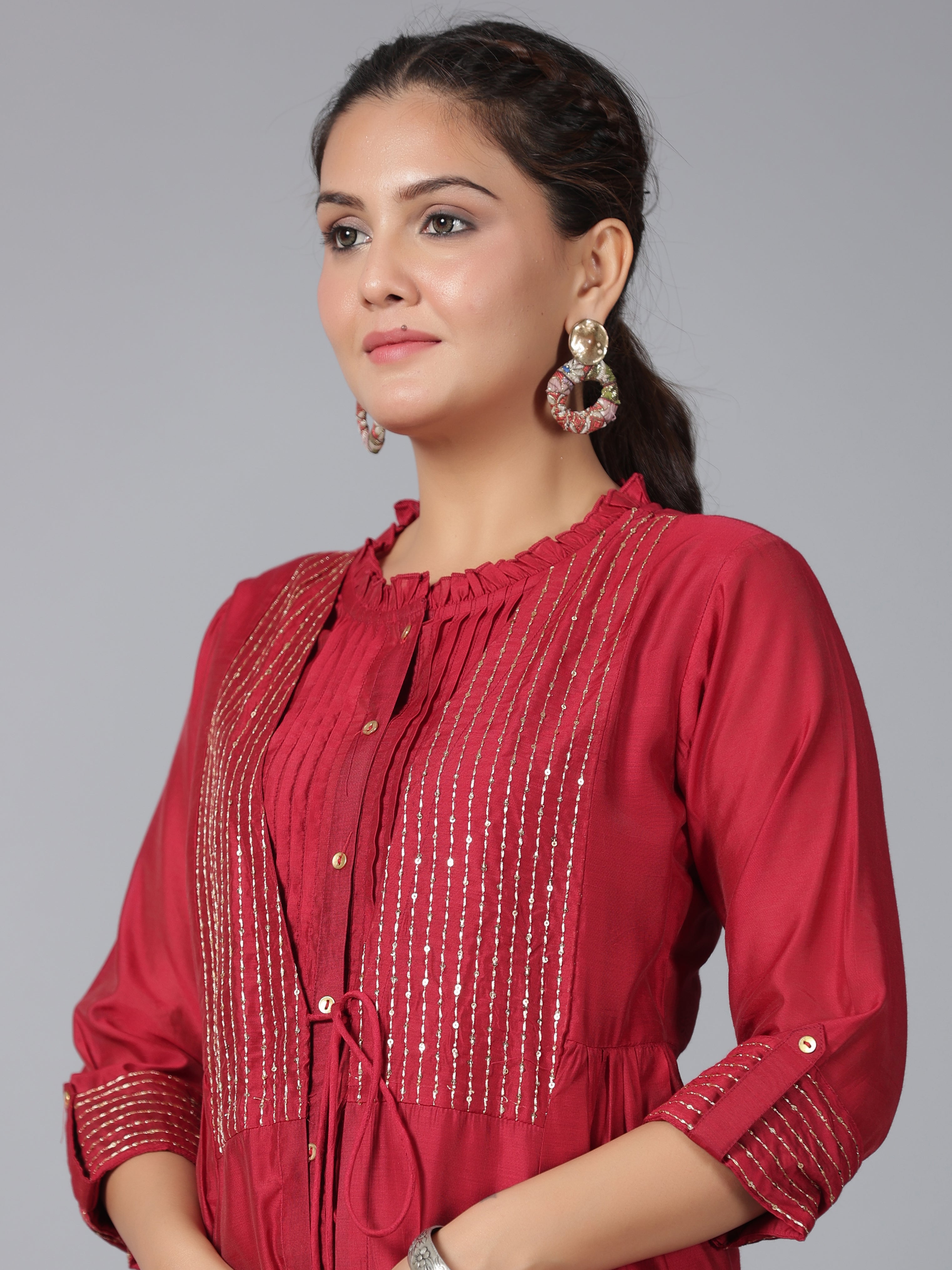 Juniper Women Maroon Chanderi Embroidered Jacket Style Kurta Dress | Grocsy
