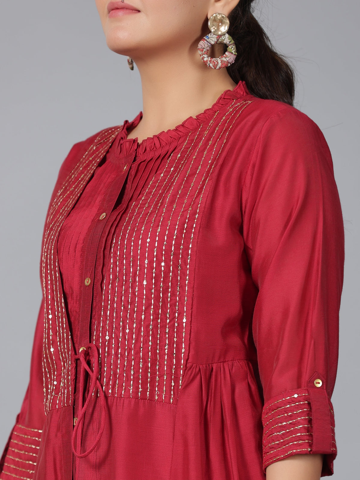 Juniper Women Maroon Chanderi Embroidered Jacket Style Kurta Dress | Grocsy