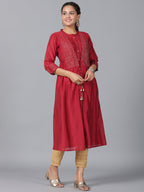 Juniper Women Maroon Chanderi Embroidered Jacket Style Kurta Dress | Grocsy
