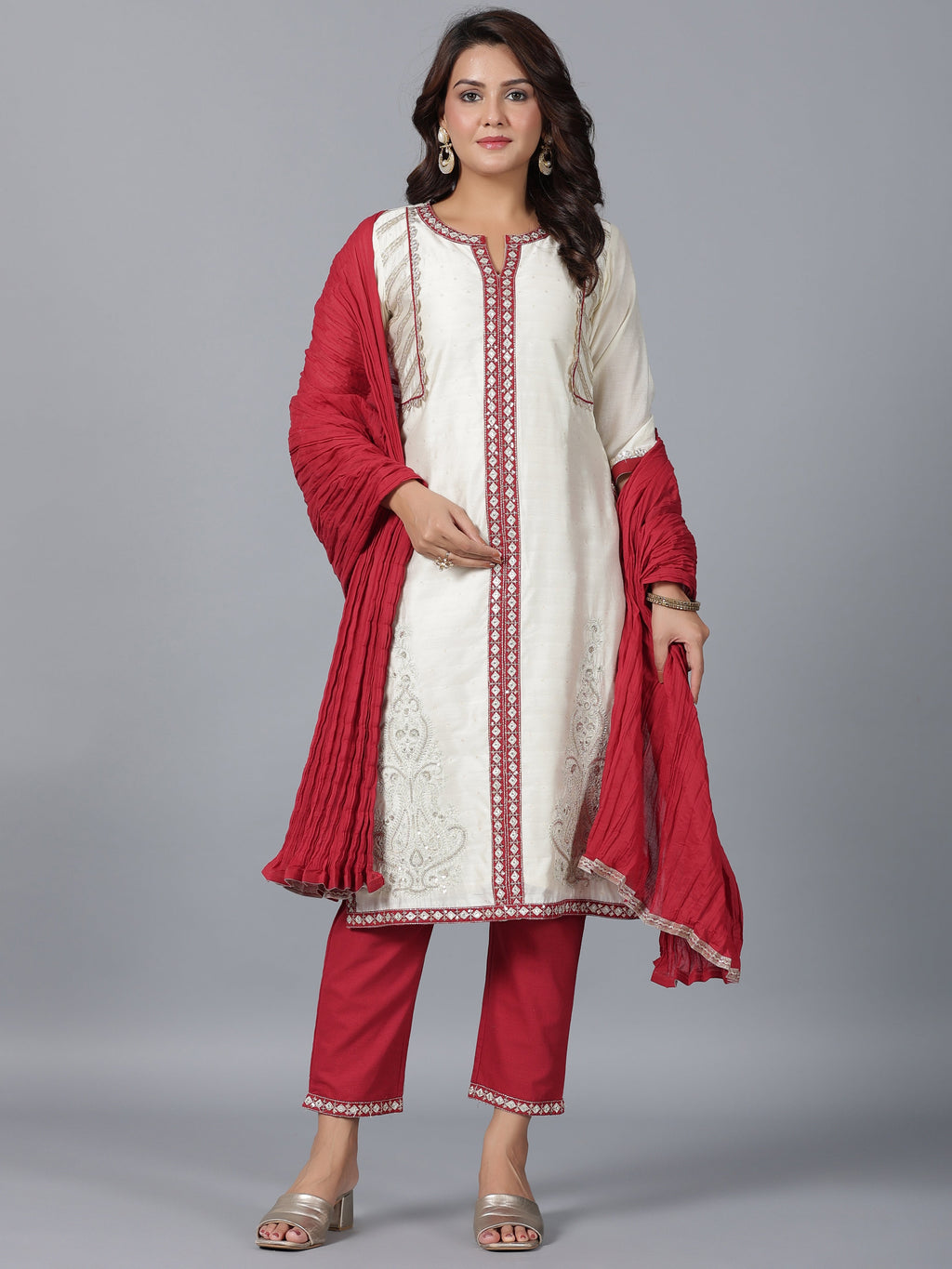 Juniper Women Ivory Chanderi Embroidered Kurta, Pants & Dupatta Set | Grocsy