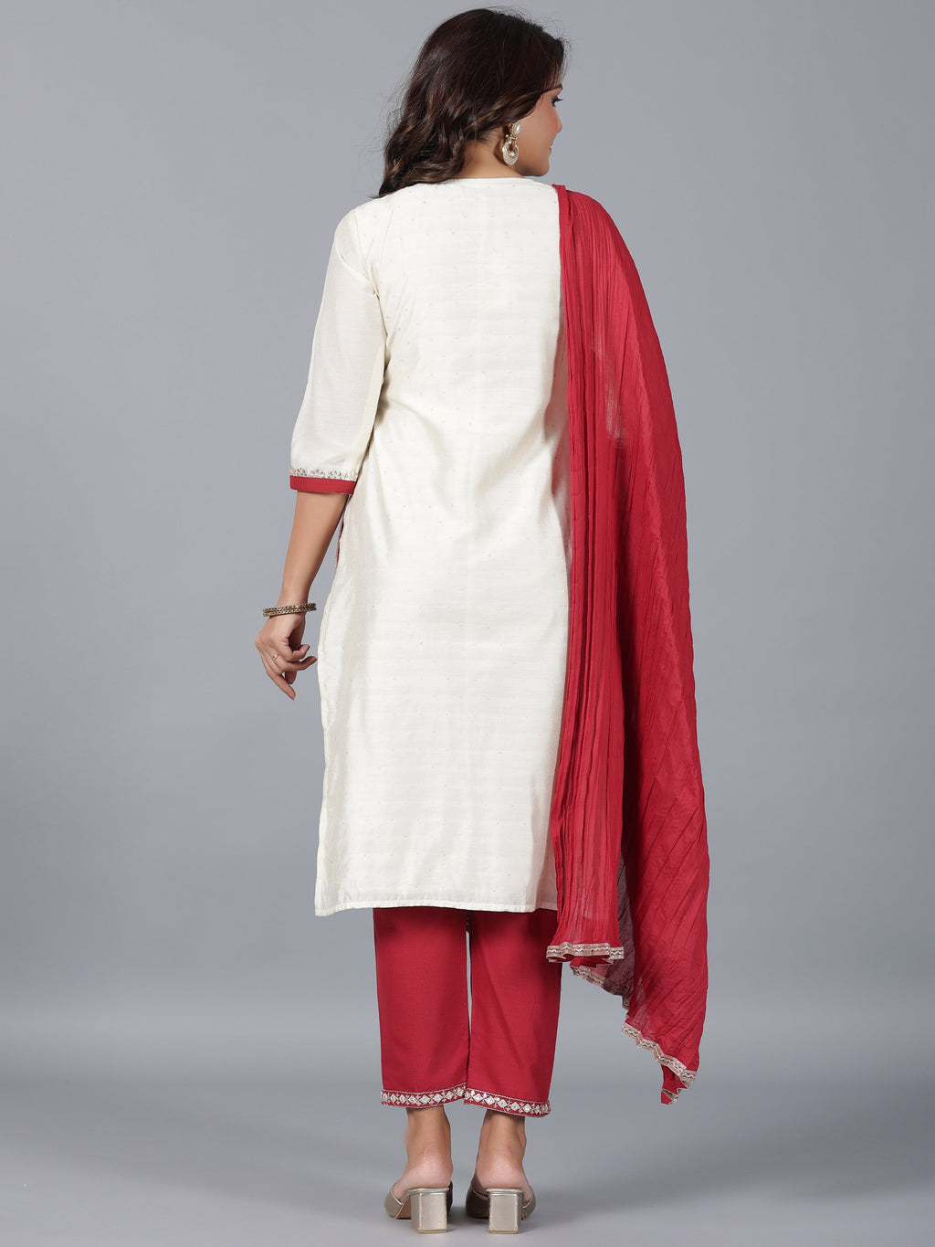 Juniper Women Ivory Chanderi Embroidered Kurta, Pants & Dupatta Set | Grocsy
