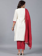Juniper Women Ivory Chanderi Embroidered Kurta, Pants & Dupatta Set | Grocsy