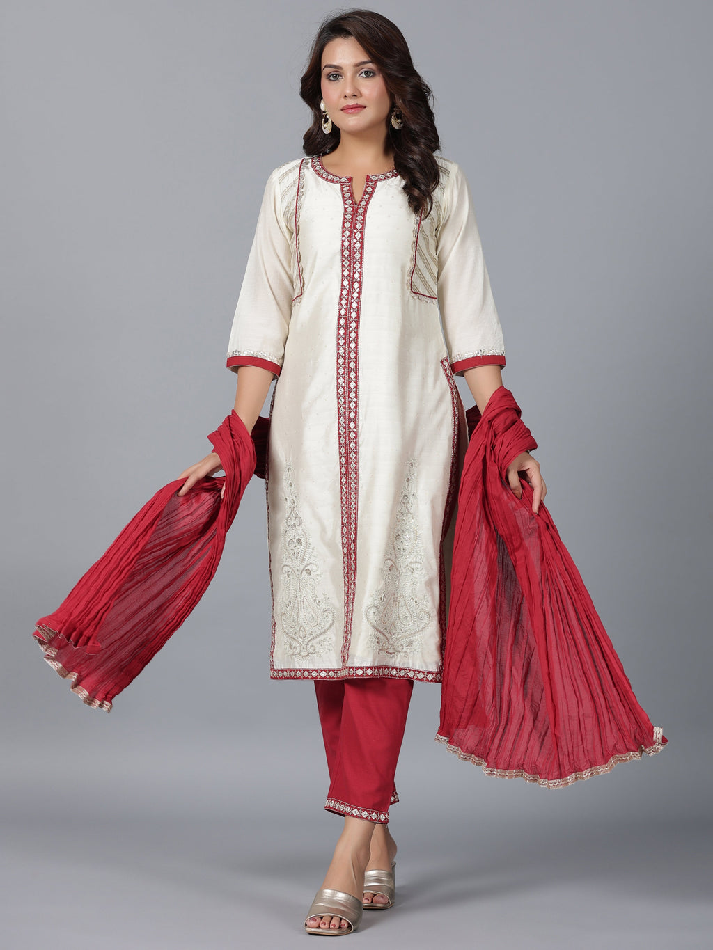 Juniper Women Ivory Chanderi Embroidered Kurta, Pants & Dupatta Set | Grocsy