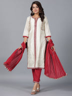 Juniper Women Ivory Chanderi Embroidered Kurta, Pants & Dupatta Set | Grocsy