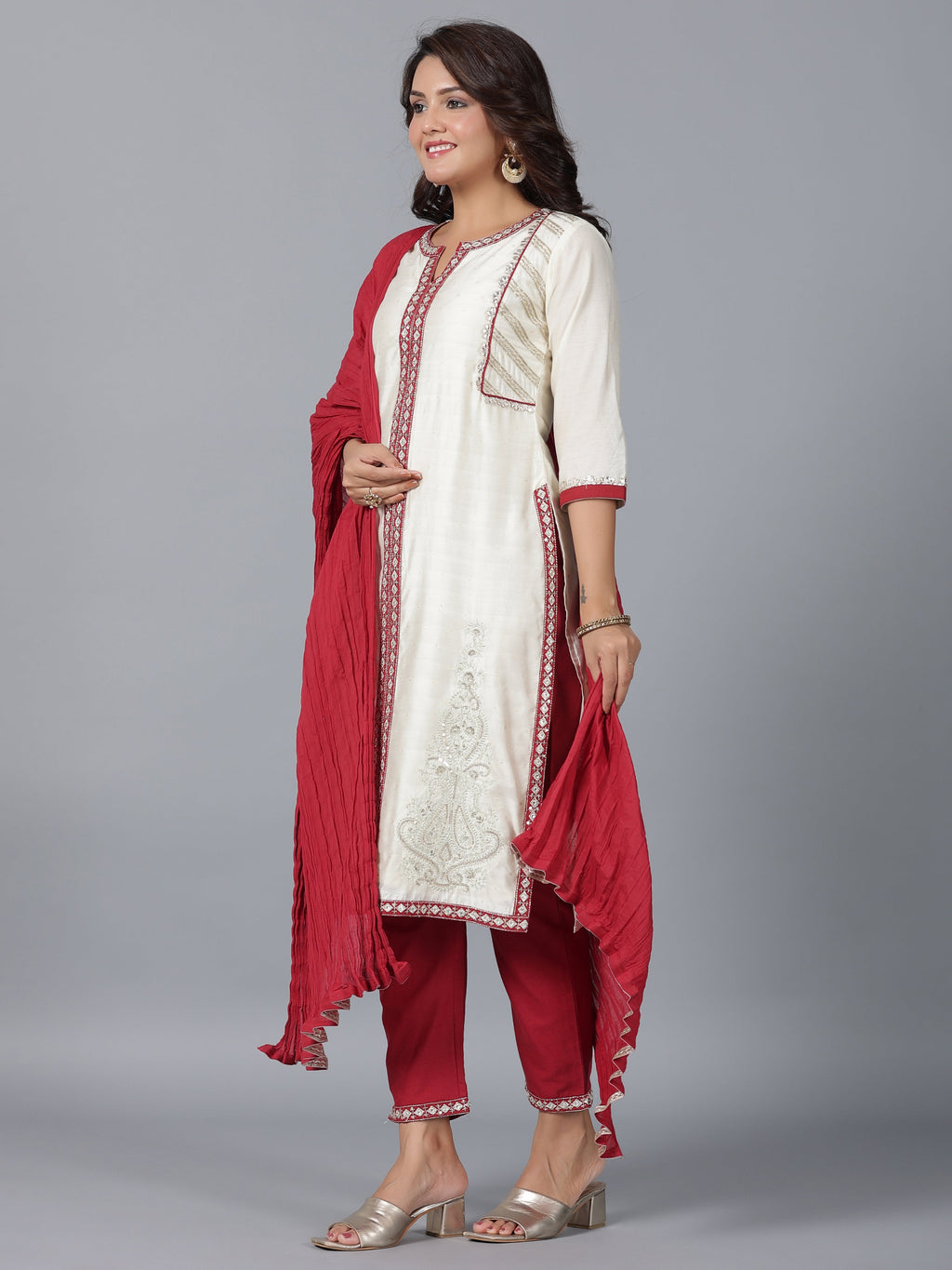 Juniper Women Ivory Chanderi Embroidered Kurta, Pants & Dupatta Set | Grocsy