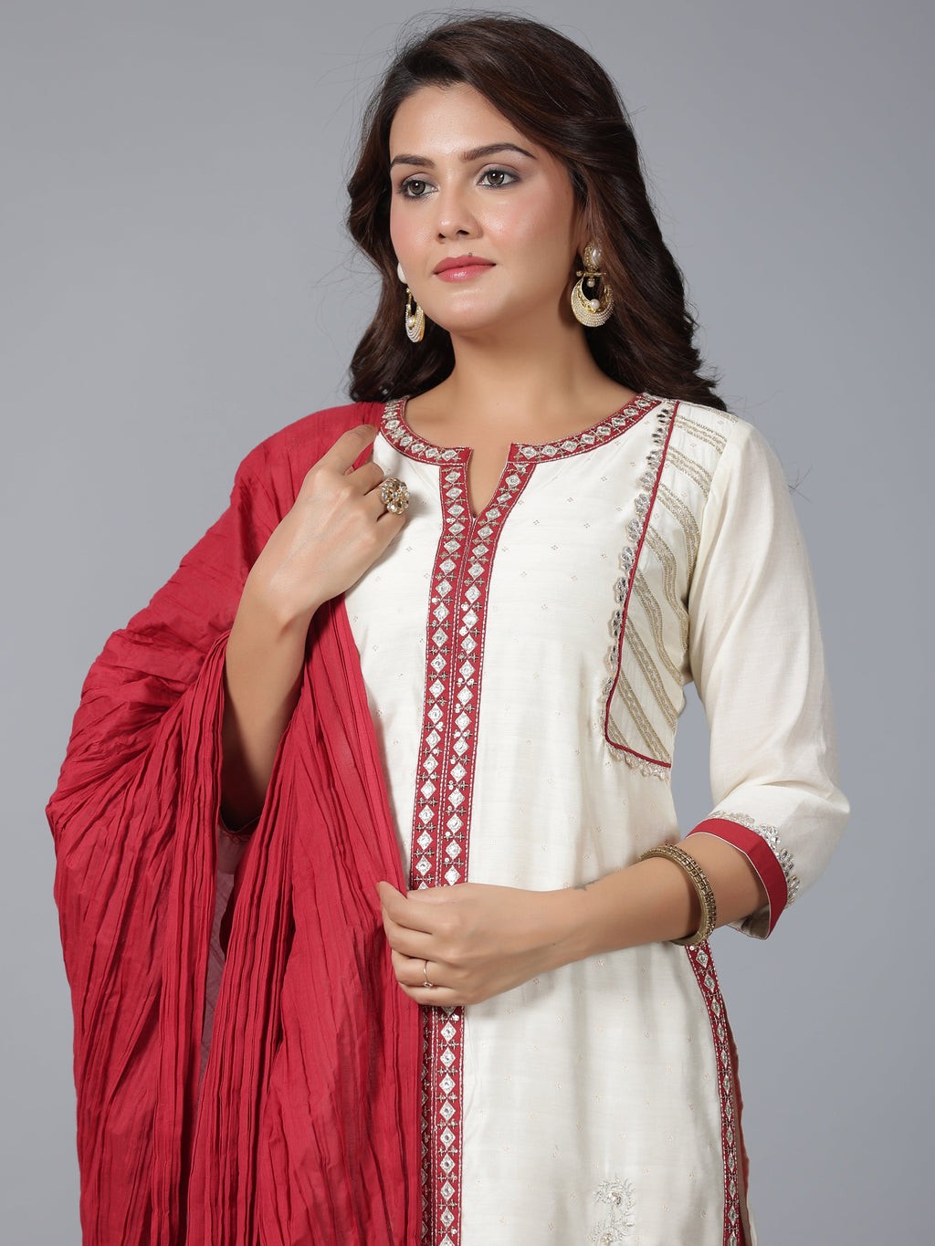 Juniper Women Ivory Chanderi Embroidered Kurta, Pants & Dupatta Set | Grocsy