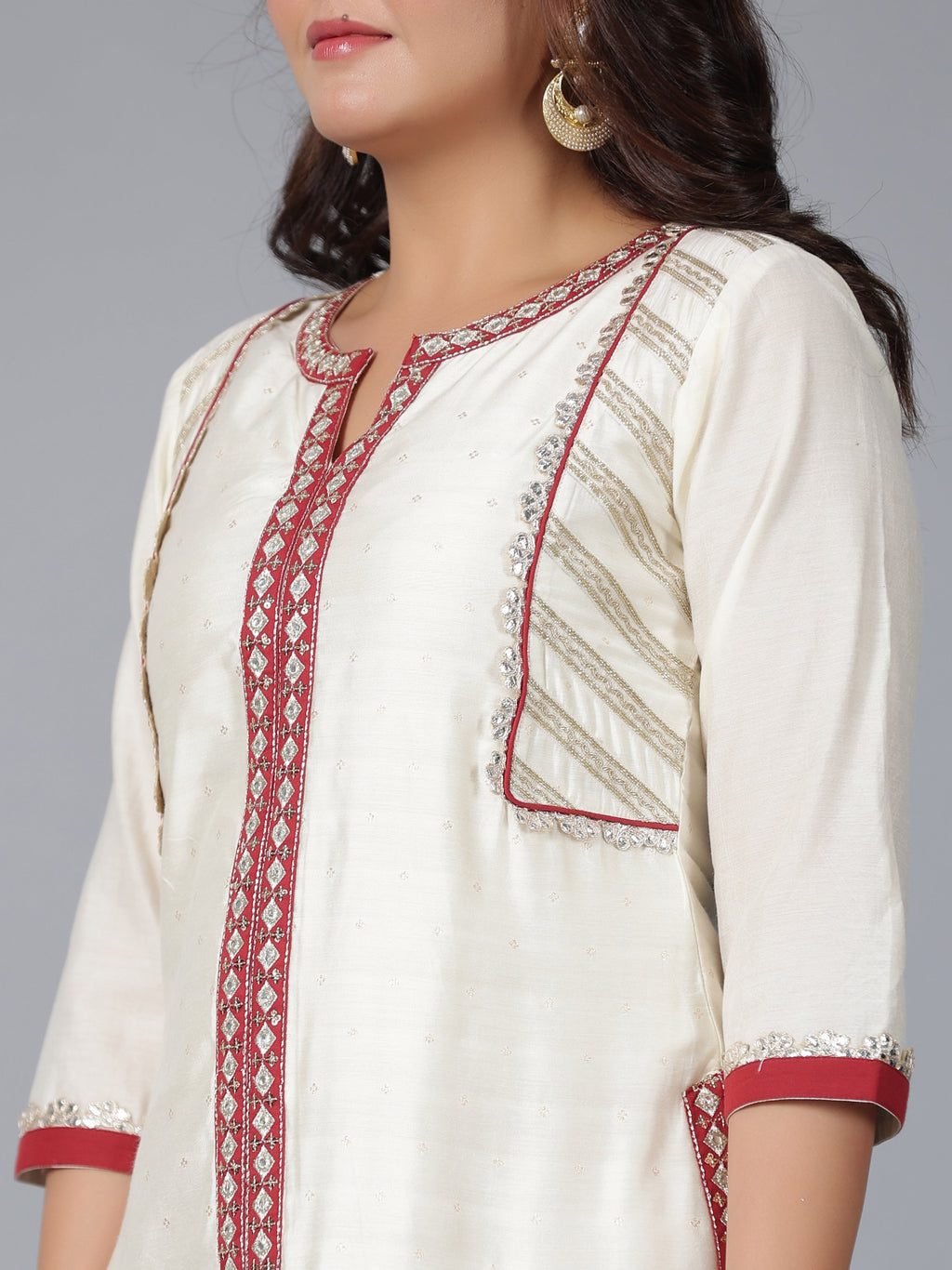 Juniper Women Ivory Chanderi Embroidered Kurta, Pants & Dupatta Set | Grocsy