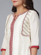 Juniper Women Ivory Chanderi Embroidered Kurta, Pants & Dupatta Set | Grocsy