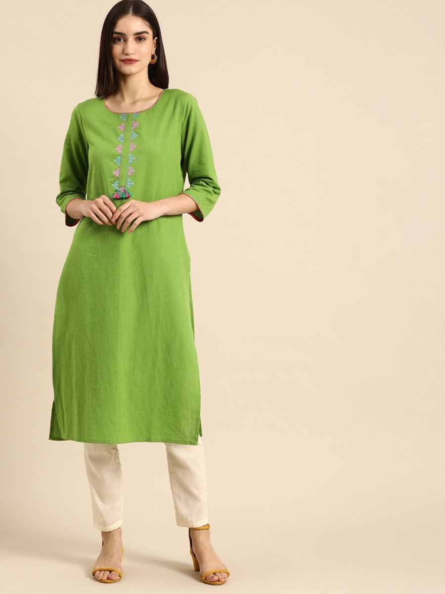All About You Women Green & Pink Ethnic Motifs Yoke Design Thread Work Pure Cotton Kurta | Grocsy