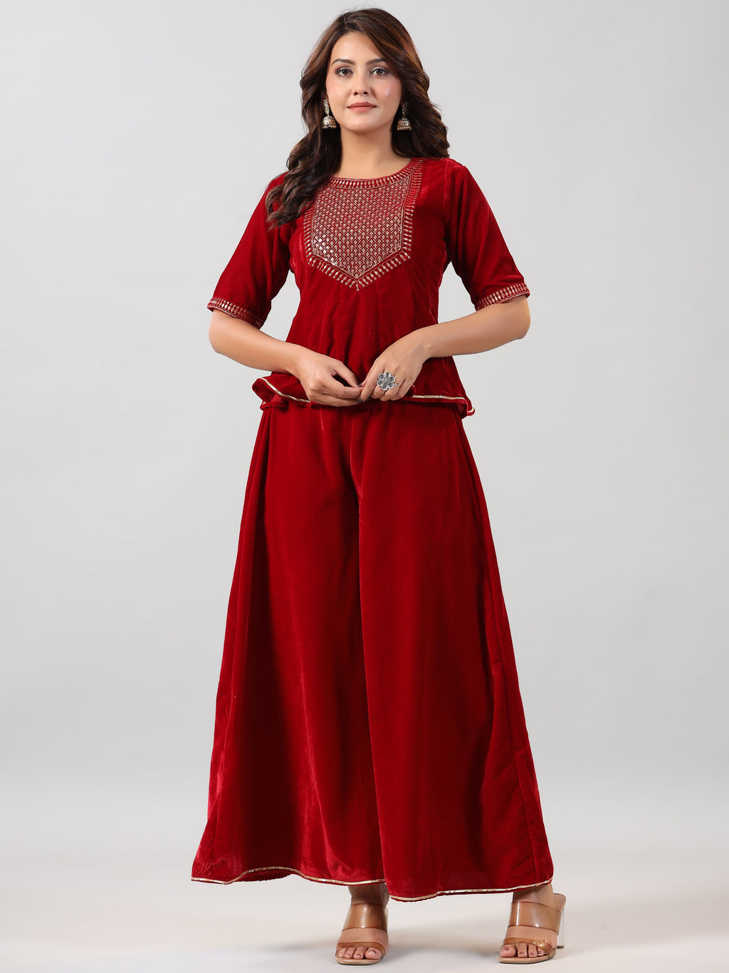 Juniper Women Maroon Velvet Embroidered Clothing Set | Grocsy