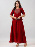 Juniper Women Maroon Velvet Embroidered Clothing Set | Grocsy