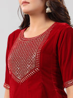 Juniper Women Maroon Velvet Embroidered Clothing Set | Grocsy