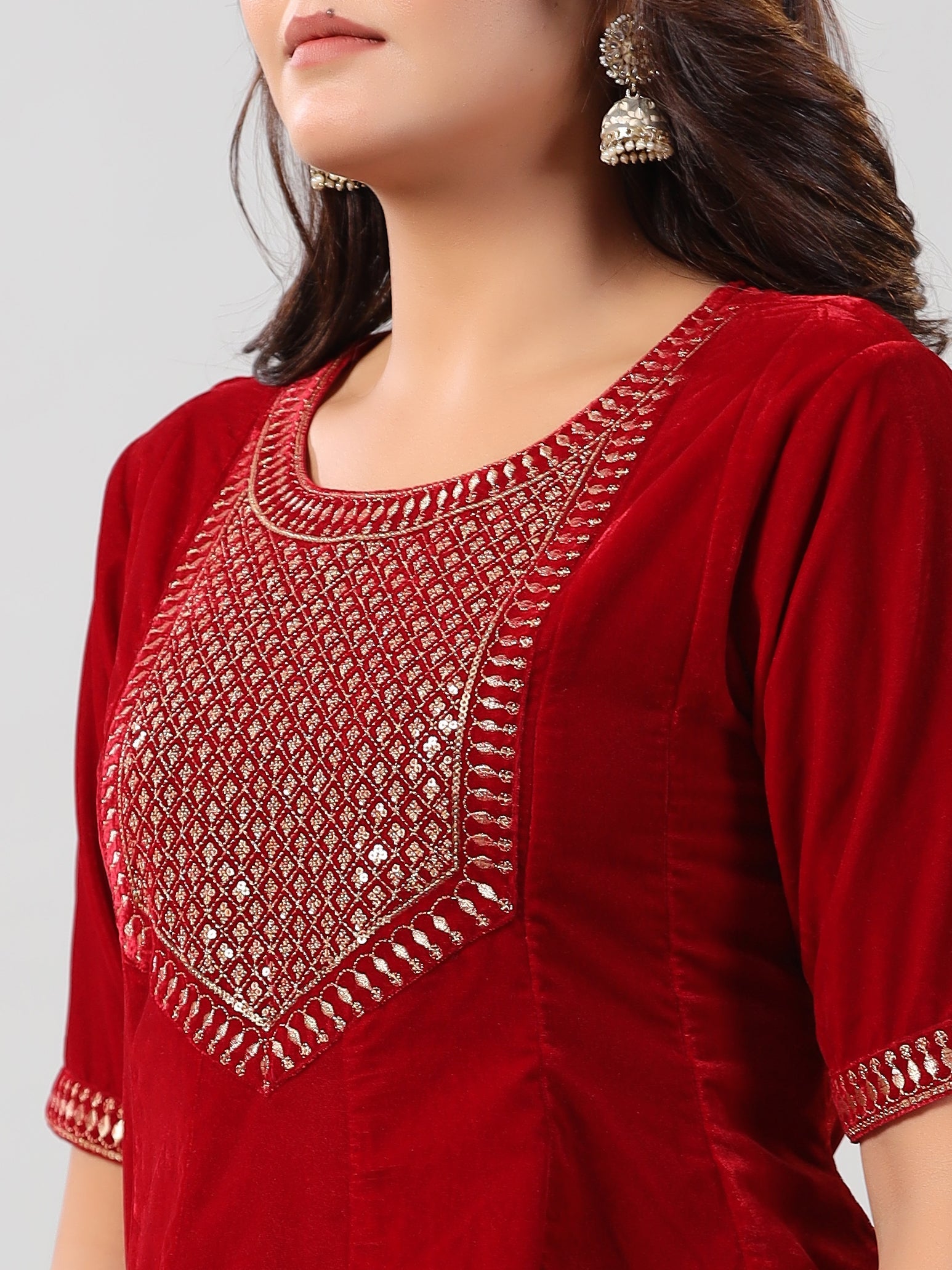 Juniper Women Maroon Velvet Embroidered Clothing Set | Grocsy
