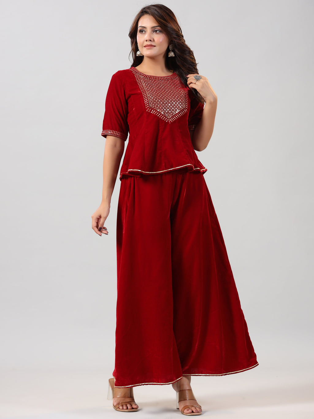 Juniper Women Maroon Velvet Embroidered Clothing Set | Grocsy