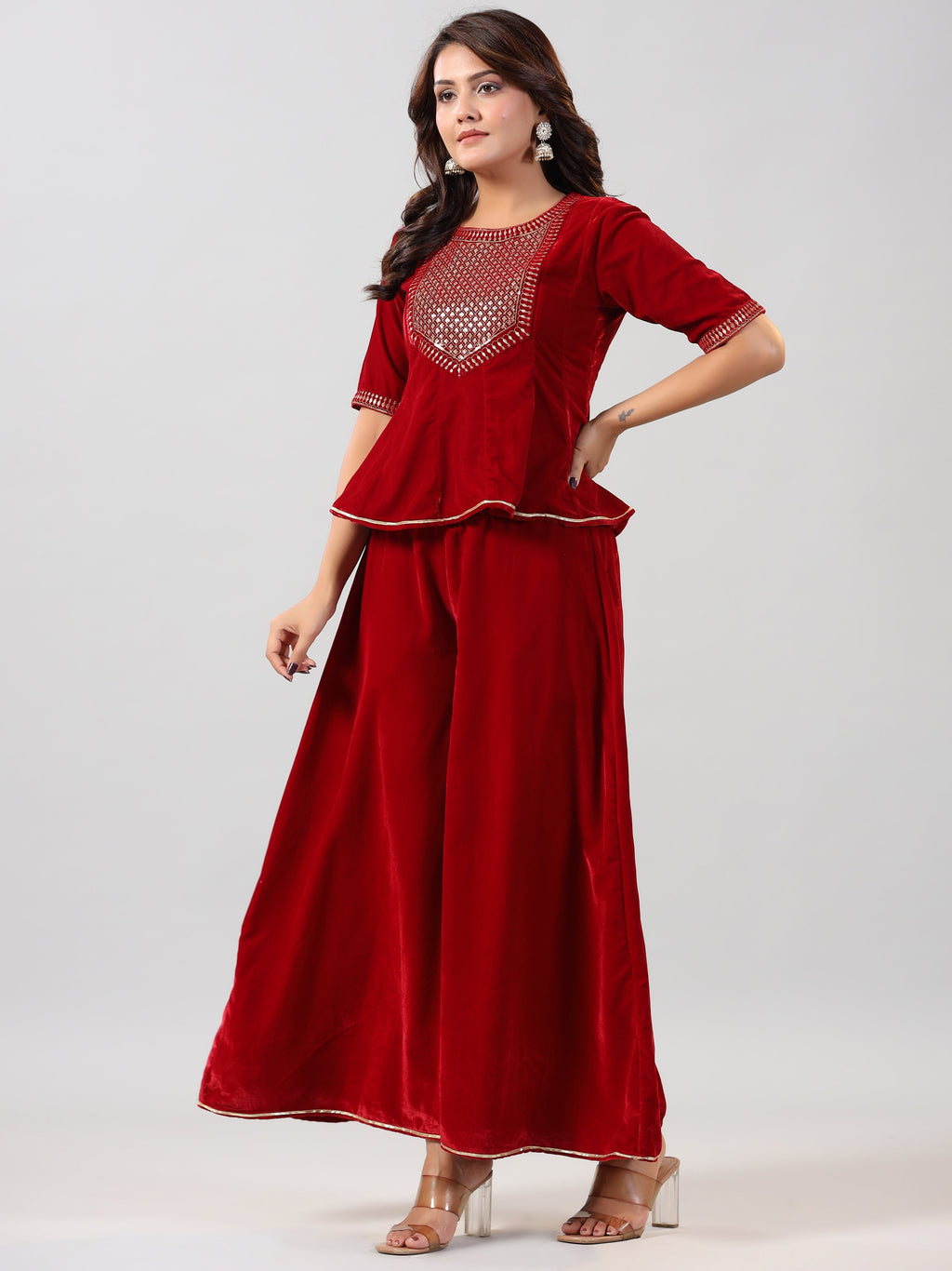 Juniper Women Maroon Velvet Embroidered Clothing Set | Grocsy