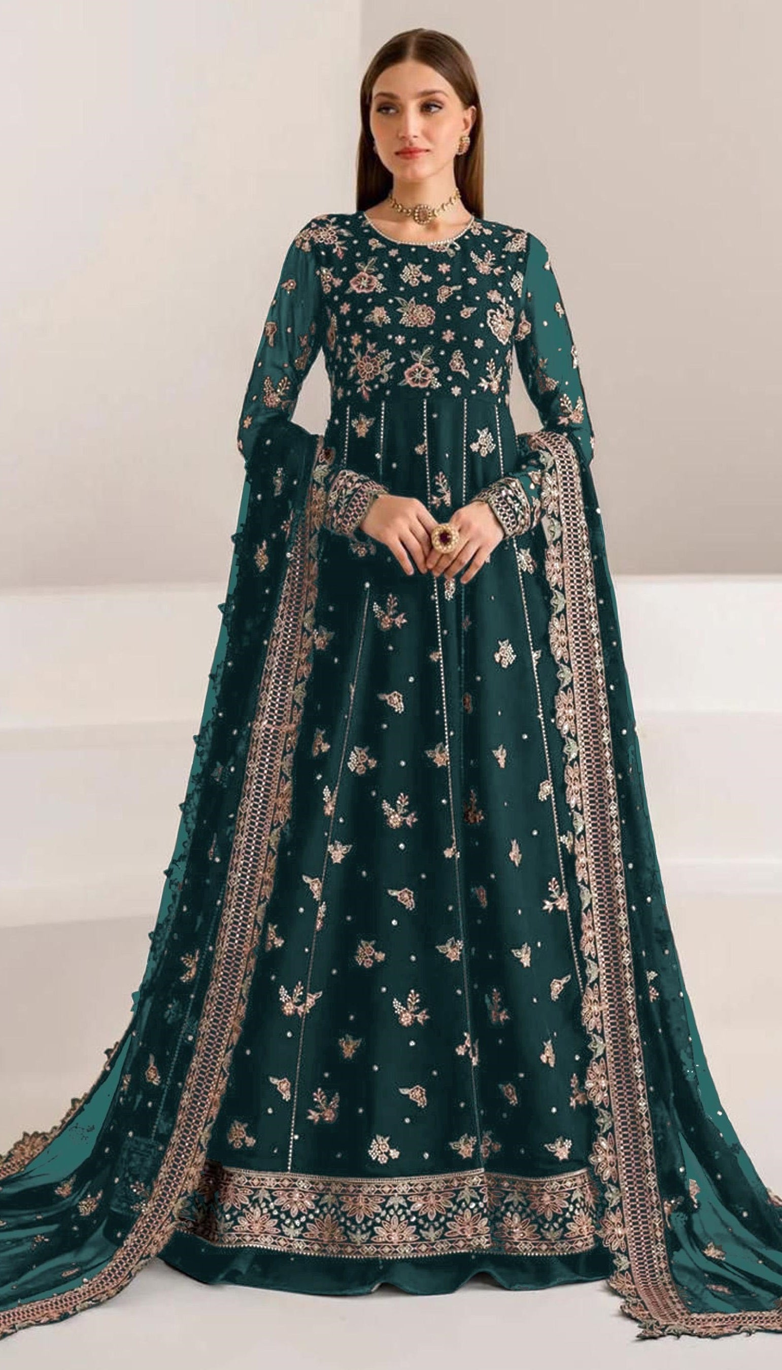 Anaita Teal Green Faux Georgette Sequins Embroidered Salwar Suit | Grocsy