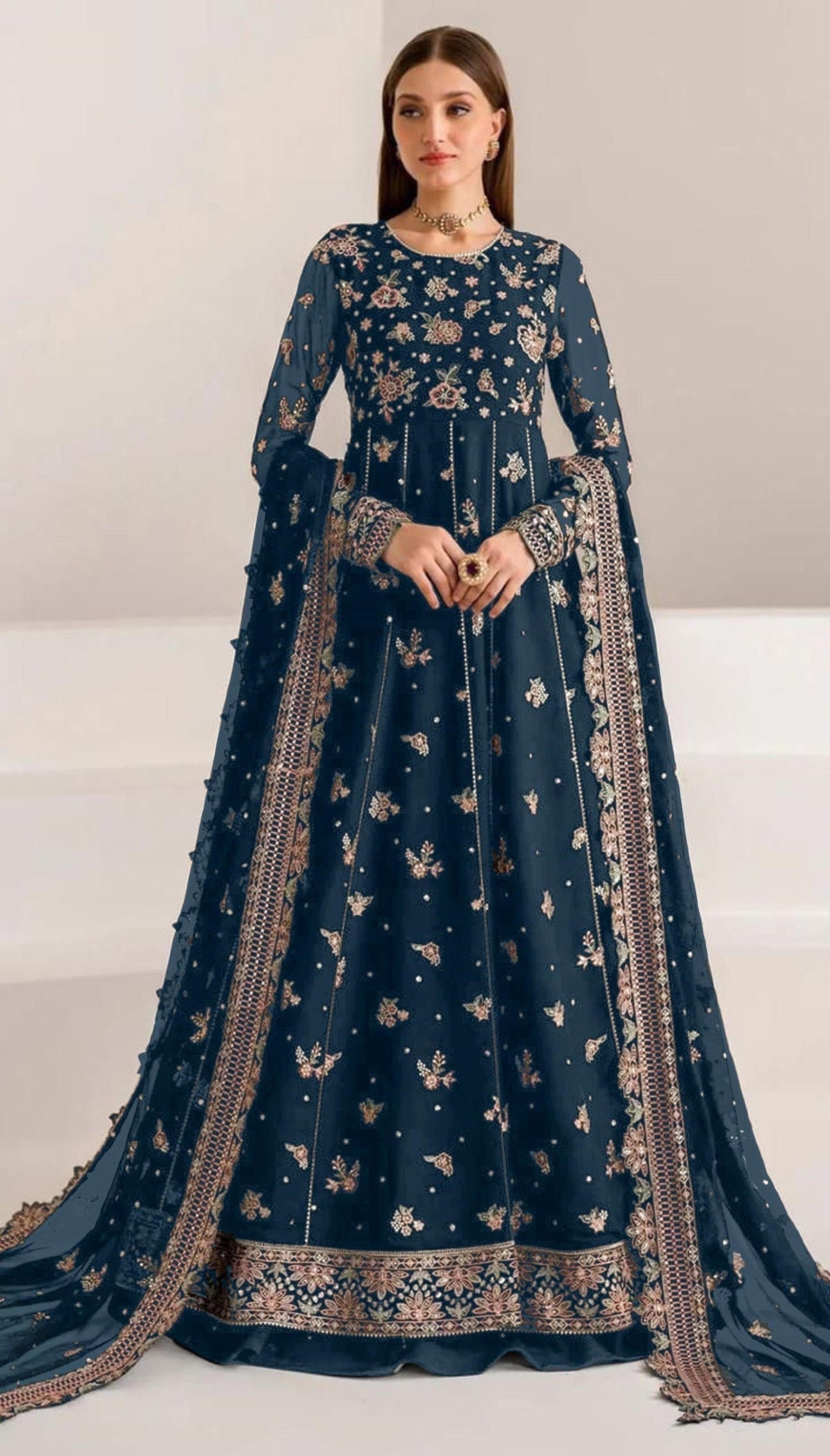 Anaita Navy Blue Faux Georgette Sequins Embroidered Salwar Suit | Grocsy