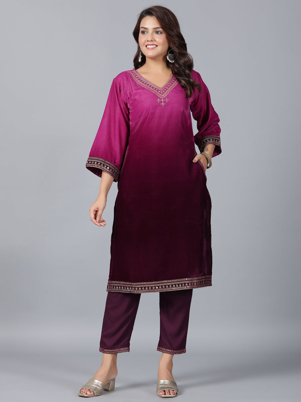 Juniper Women Purple Velvet Embroidered Kurta & Pants Set | Grocsy