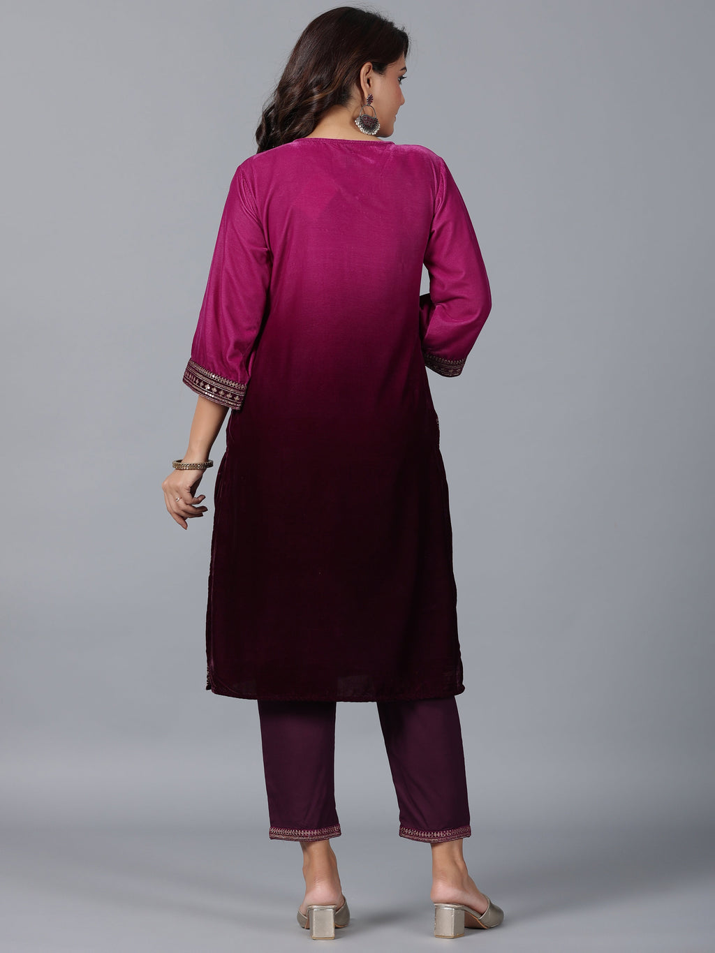 Juniper Women Purple Velvet Embroidered Kurta & Pants Set | Grocsy