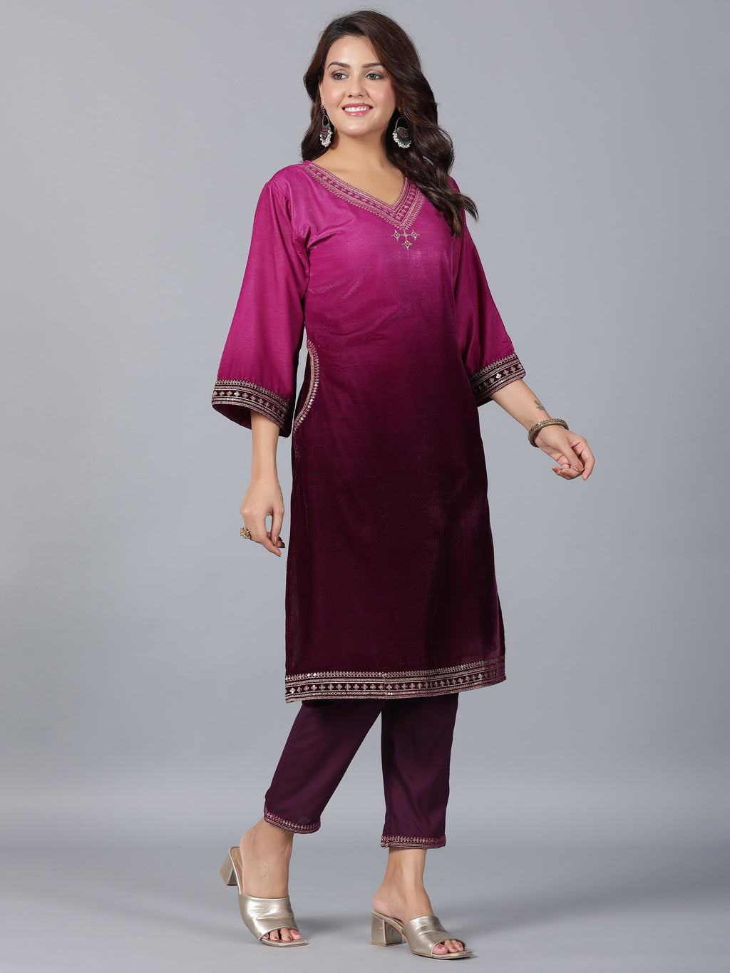 Juniper Women Purple Velvet Embroidered Kurta & Pants Set | Grocsy
