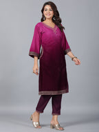 Juniper Women Purple Velvet Embroidered Kurta & Pants Set | Grocsy