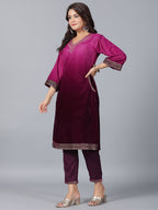 Juniper Women Purple Velvet Embroidered Kurta & Pants Set | Grocsy