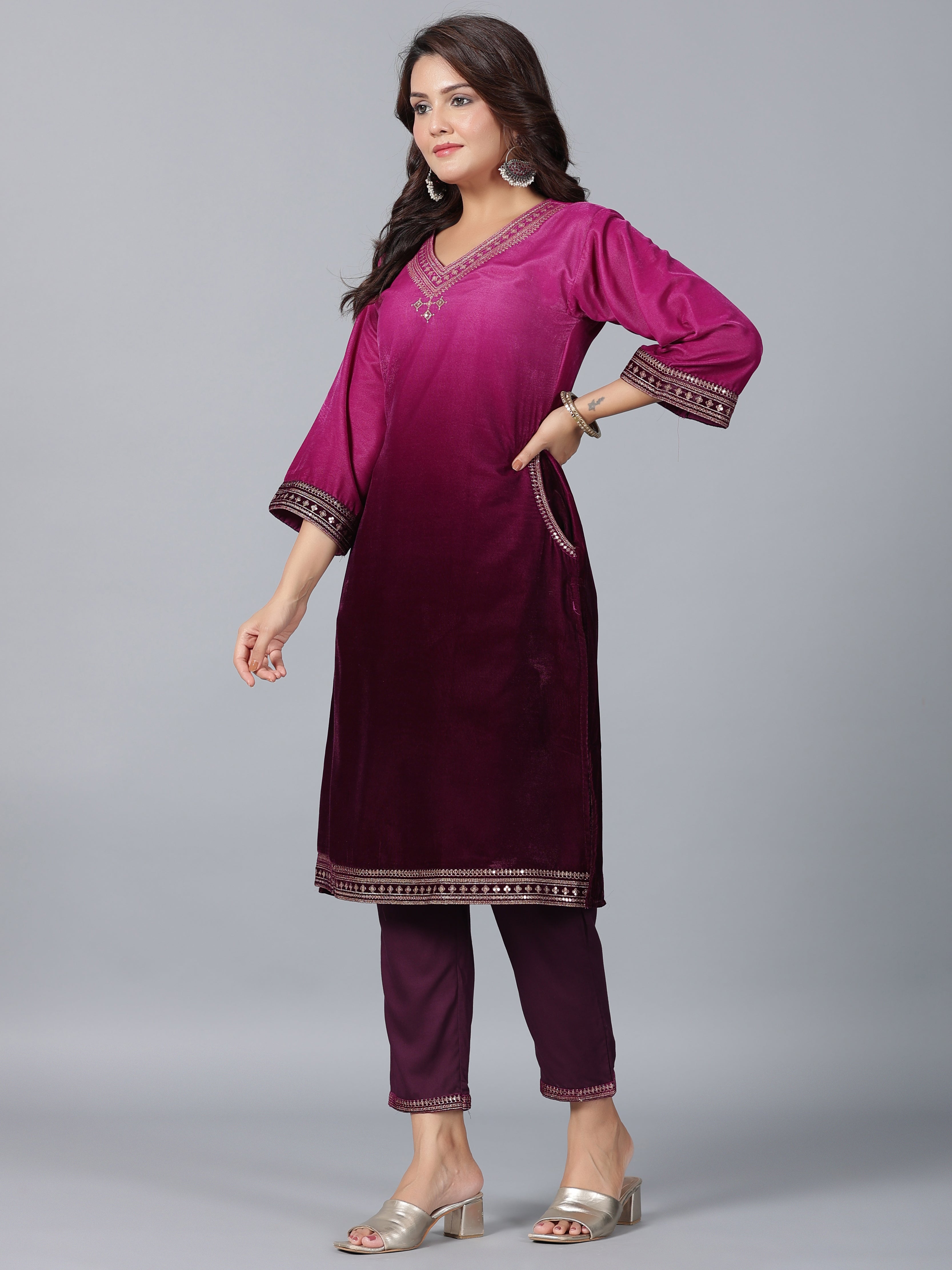 Juniper Women Purple Velvet Embroidered Kurta & Pants Set | Grocsy