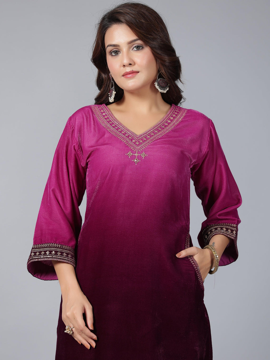 Juniper Women Purple Velvet Embroidered Kurta & Pants Set | Grocsy