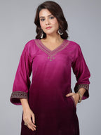 Juniper Women Purple Velvet Embroidered Kurta & Pants Set | Grocsy