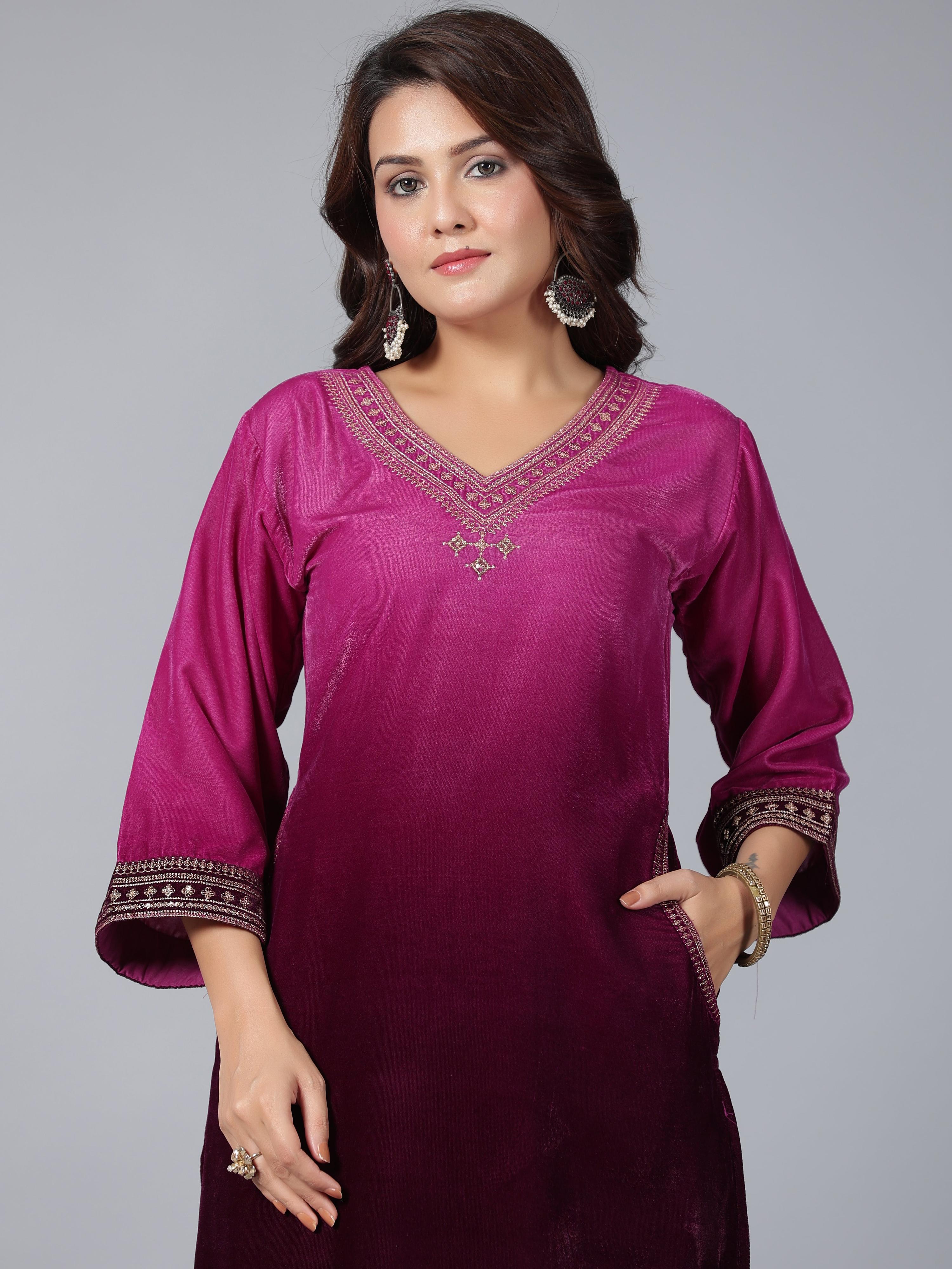 Juniper Women Purple Velvet Embroidered Kurta & Pants Set | Grocsy