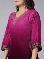 Juniper Women Purple Velvet Embroidered Kurta & Pants Set | Grocsy