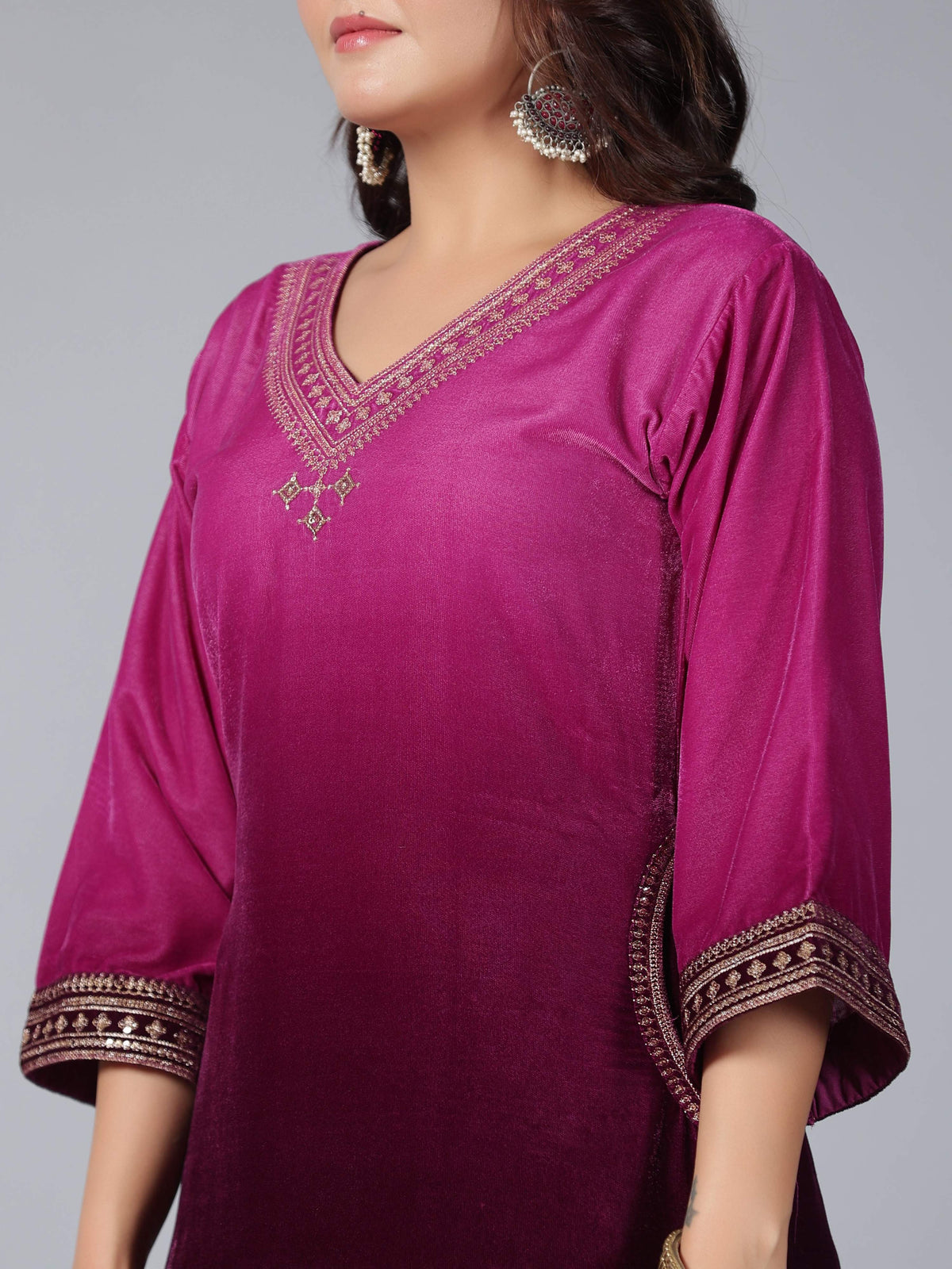 Juniper Women Purple Velvet Embroidered Kurta & Pants Set | Grocsy