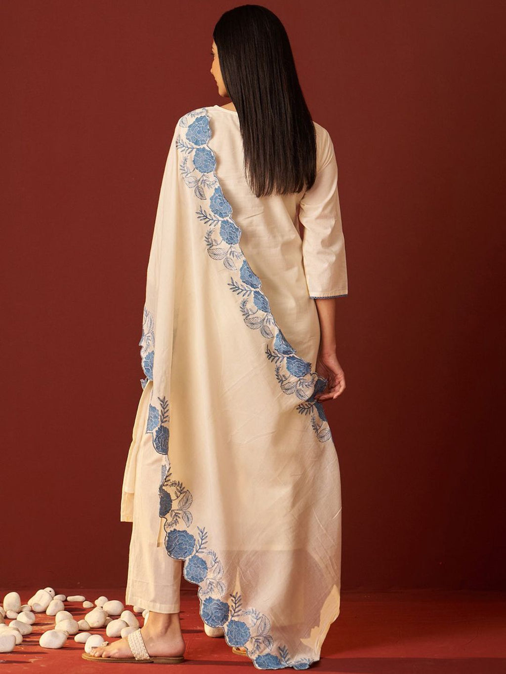 Indo Era Paisley Embroidered Thread Work Pure Cotton Kurta With Trousers And Dupatta | Grocsy