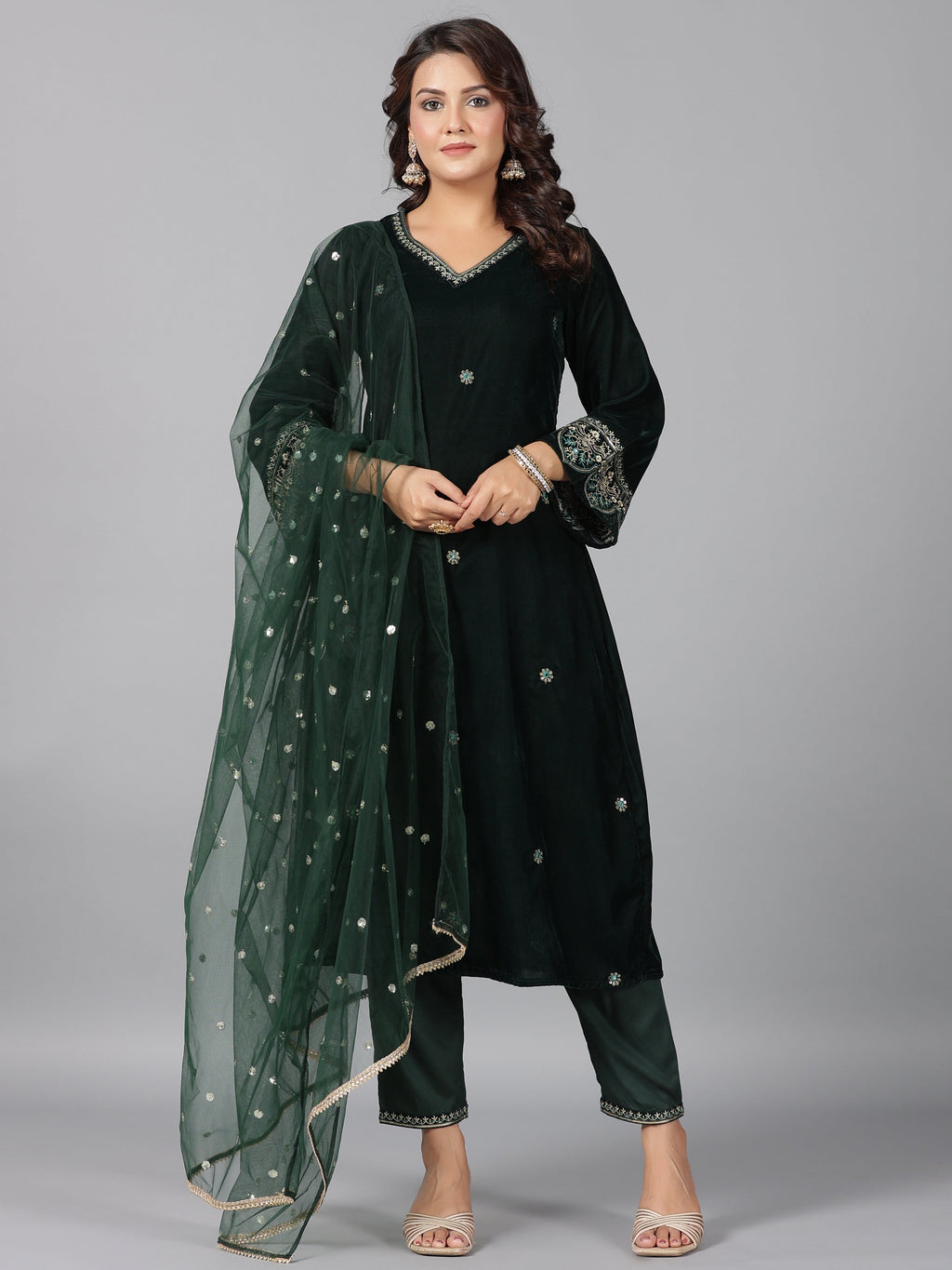 Juniper Women Bottlegreen Velvet Embroidered Kurta, Pants & Dupatta Set | Grocsy