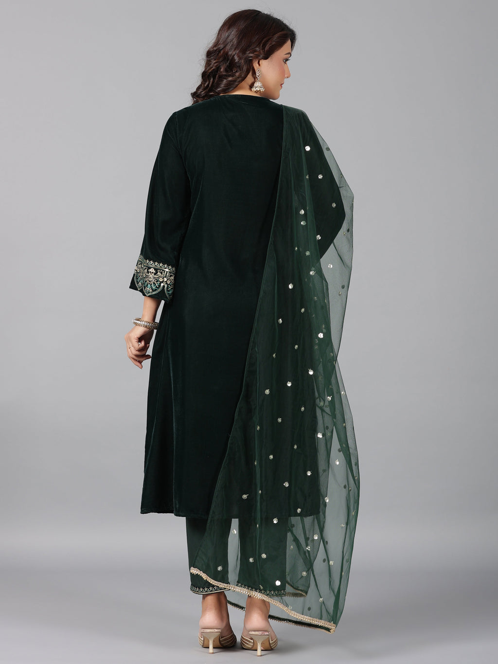 Juniper Women Bottlegreen Velvet Embroidered Kurta, Pants & Dupatta Set | Grocsy