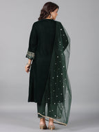 Juniper Women Bottlegreen Velvet Embroidered Kurta, Pants & Dupatta Set | Grocsy