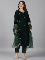 Juniper Women Bottlegreen Velvet Embroidered Kurta, Pants & Dupatta Set | Grocsy