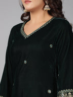 Juniper Women Bottlegreen Velvet Embroidered Kurta, Pants & Dupatta Set | Grocsy