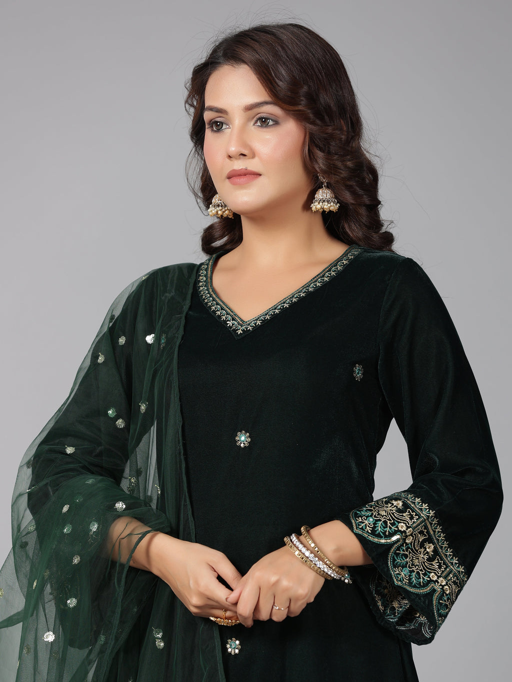 Juniper Women Bottlegreen Velvet Embroidered Kurta, Pants & Dupatta Set | Grocsy