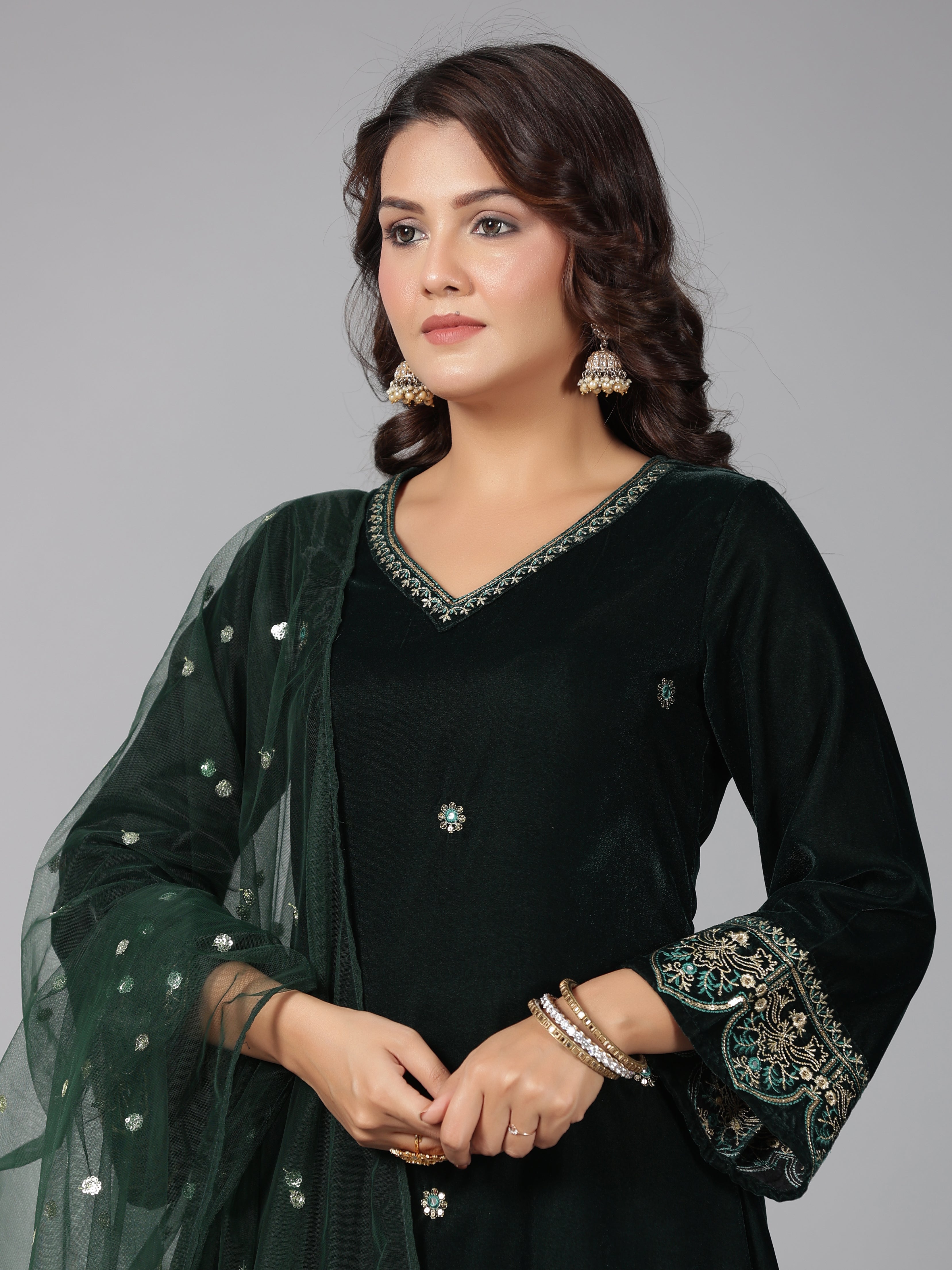 Juniper Women Bottlegreen Velvet Embroidered Kurta, Pants & Dupatta Set | Grocsy