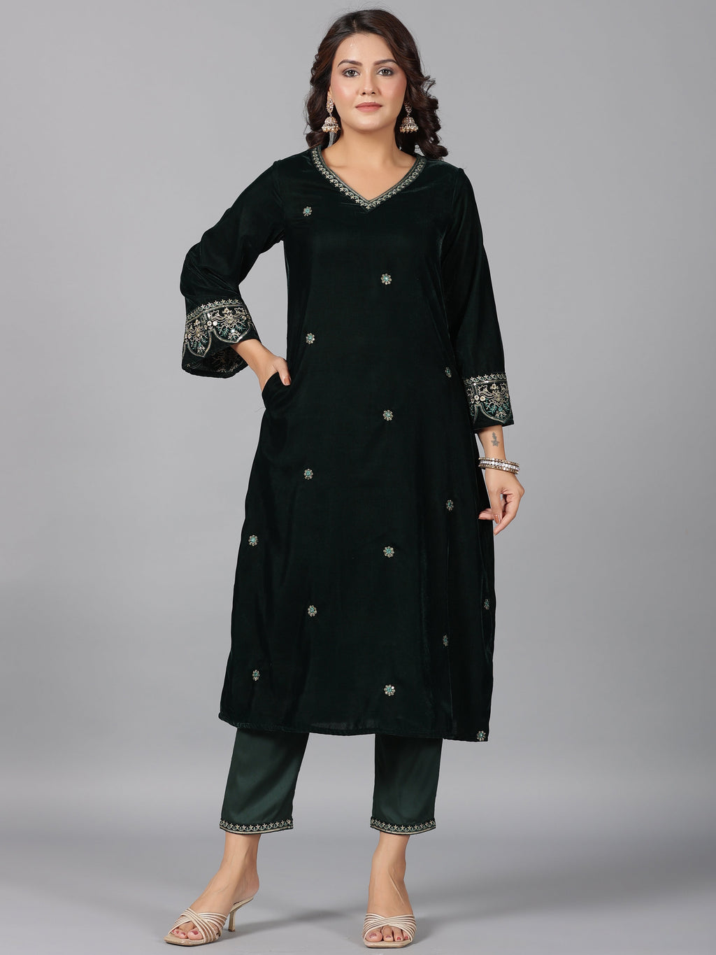 Juniper Women Bottlegreen Velvet Embroidered Kurta, Pants & Dupatta Set | Grocsy