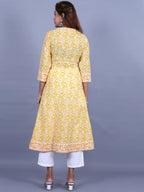 HERE&NOW Women Yellow Floral Printed Sequined A-Line Kurta with Trousers | Grocsy