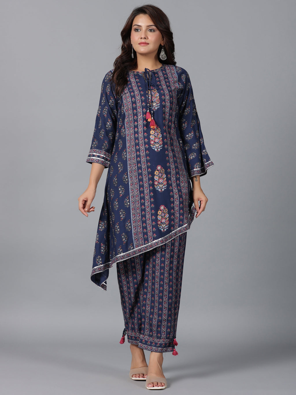 Juniper Women Navy Blue Rayon Printed Kurta Pant Set | Grocsy