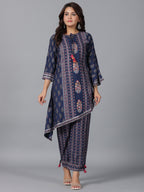 Juniper Women Navy Blue Rayon Printed Kurta Pant Set | Grocsy