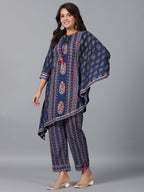 Juniper Women Navy Blue Rayon Printed Kurta Pant Set | Grocsy